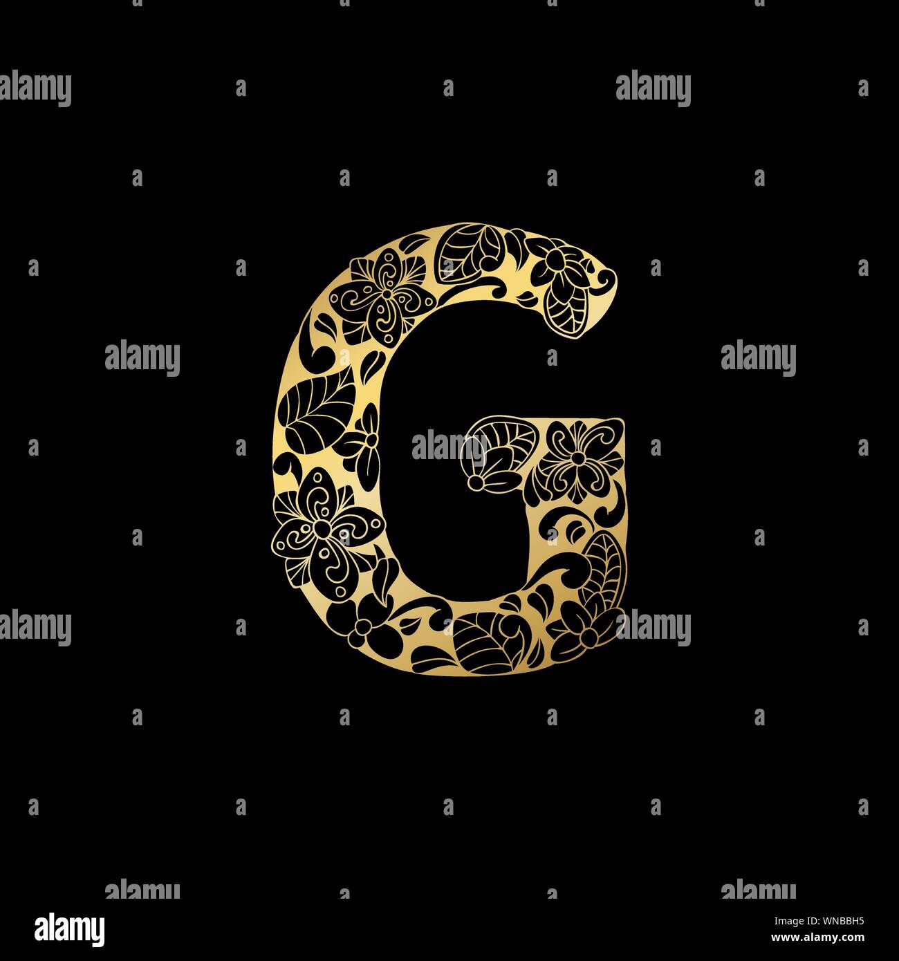Golden Floral Ornamental Alphabet, Initial Letter G Font. Vector Typography Symbol for Gold Wedding and Monograms Isolated Ornament Design on Black Background Stock Vector