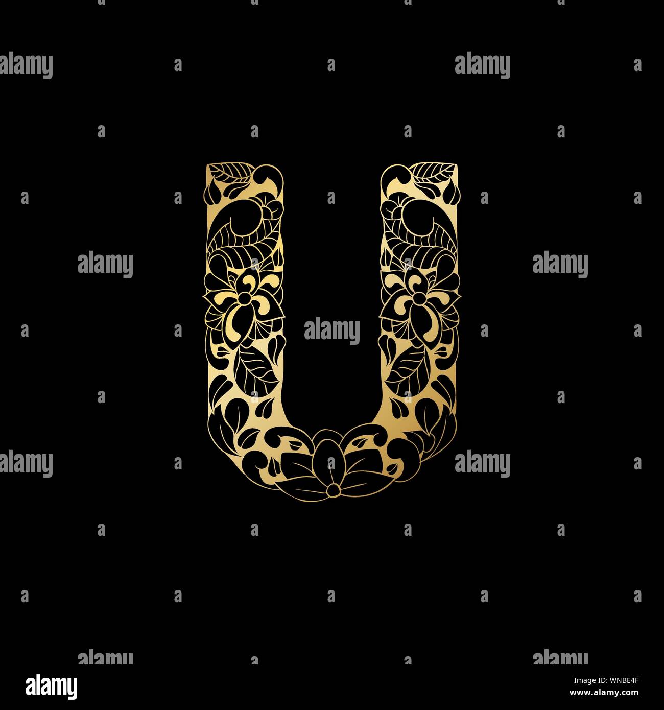 Golden Floral Ornamental Alphabet, Initial Letter U Font. Vector ...