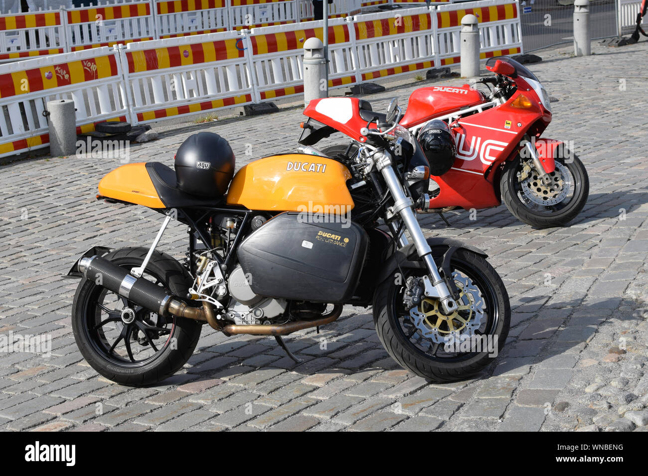 Tampere, Finland - August 31, 2019: Yellow and red Ducati motorcycles Stock Photo