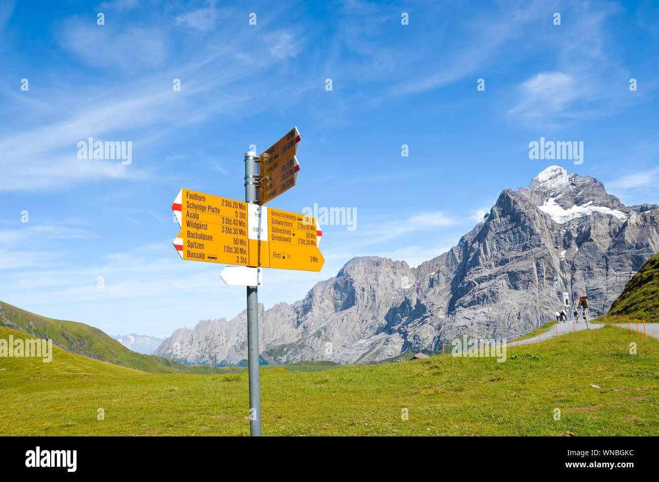 Yellow tourist sign in First, Switzerland giving distances and directions to hikers in the Swiss Alps. Popular hiking paths by Grindelwald leading to Bachalpsee. Summer Alpine landscape in background. Stock Photo