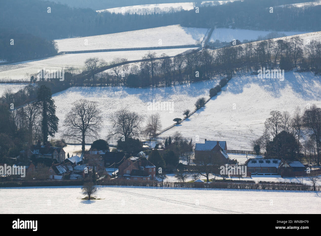 Winter landscape above the Chiltern village of Turville with snow on the ground. Stock Photo