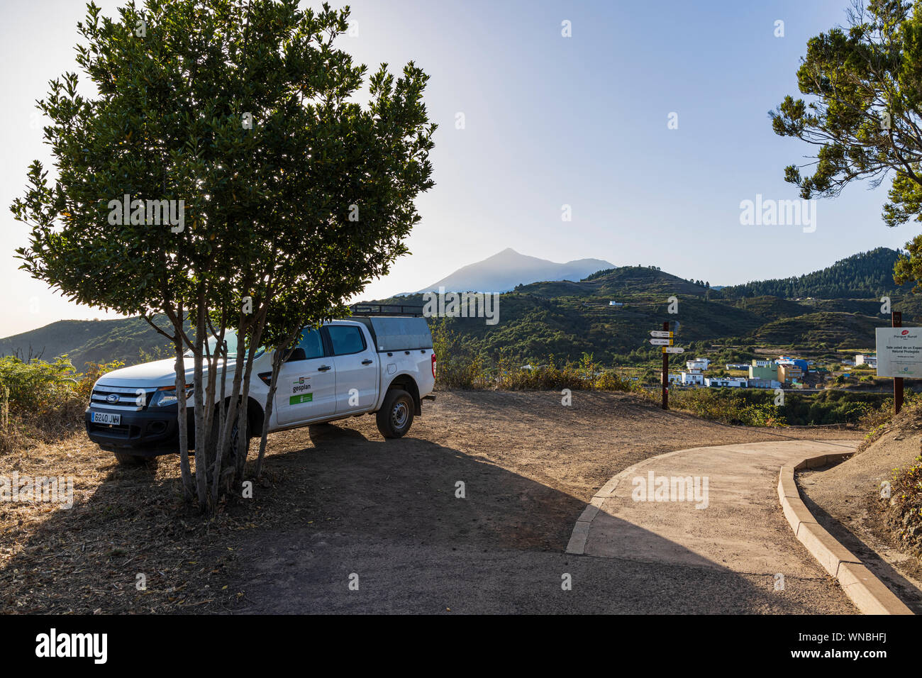 Ford Ranger four wheel drive vehicle parked at access to walk in Monte del Agua area of Erjos, Tenerife, Canary Islands, Spain Stock Photo