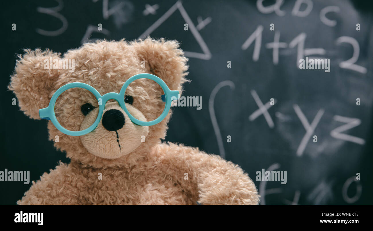 Maths concept. Smart kid in school class, cute teddy wearing blue eyeglasses and math symbols on blackboard Stock Photo