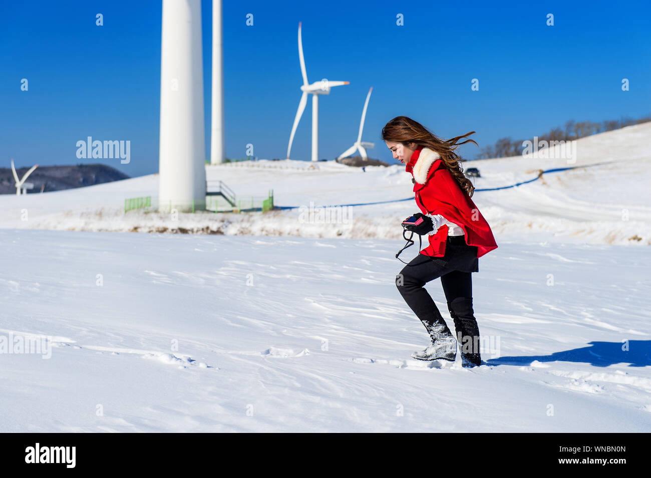 Woman Holding Camera While Walking On Snow Covered Road Against Wind Turbines And Clear Blue Sky Stock Photo