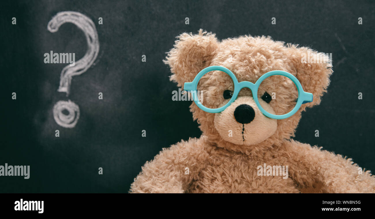 Confused child, doubt. Smart kid in class, question mark on blackboard, cute teddy wearing blue eyeglasses Stock Photo
