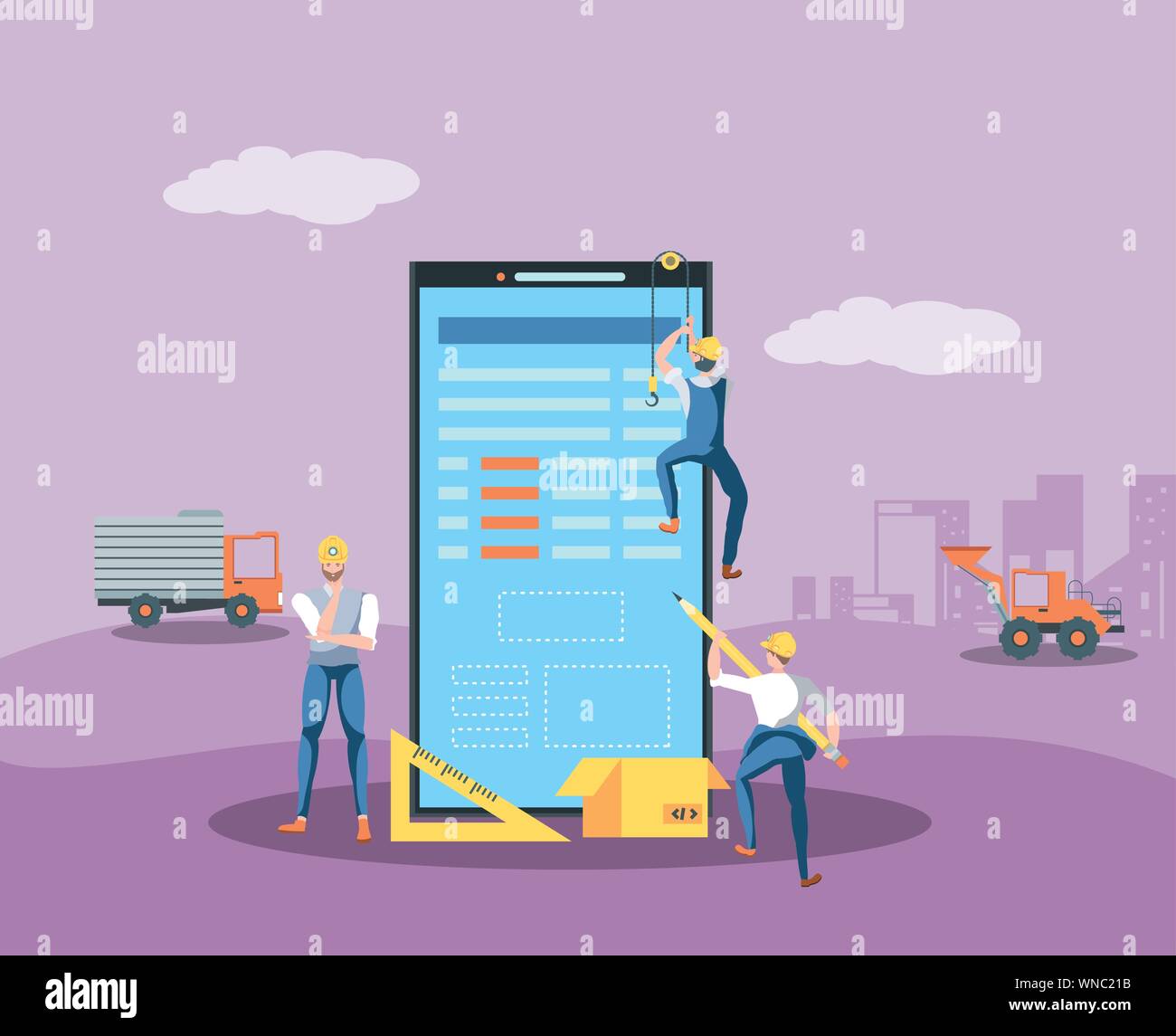 builders and smartphone with webpage under cosntruction vector illustration design Stock Vector