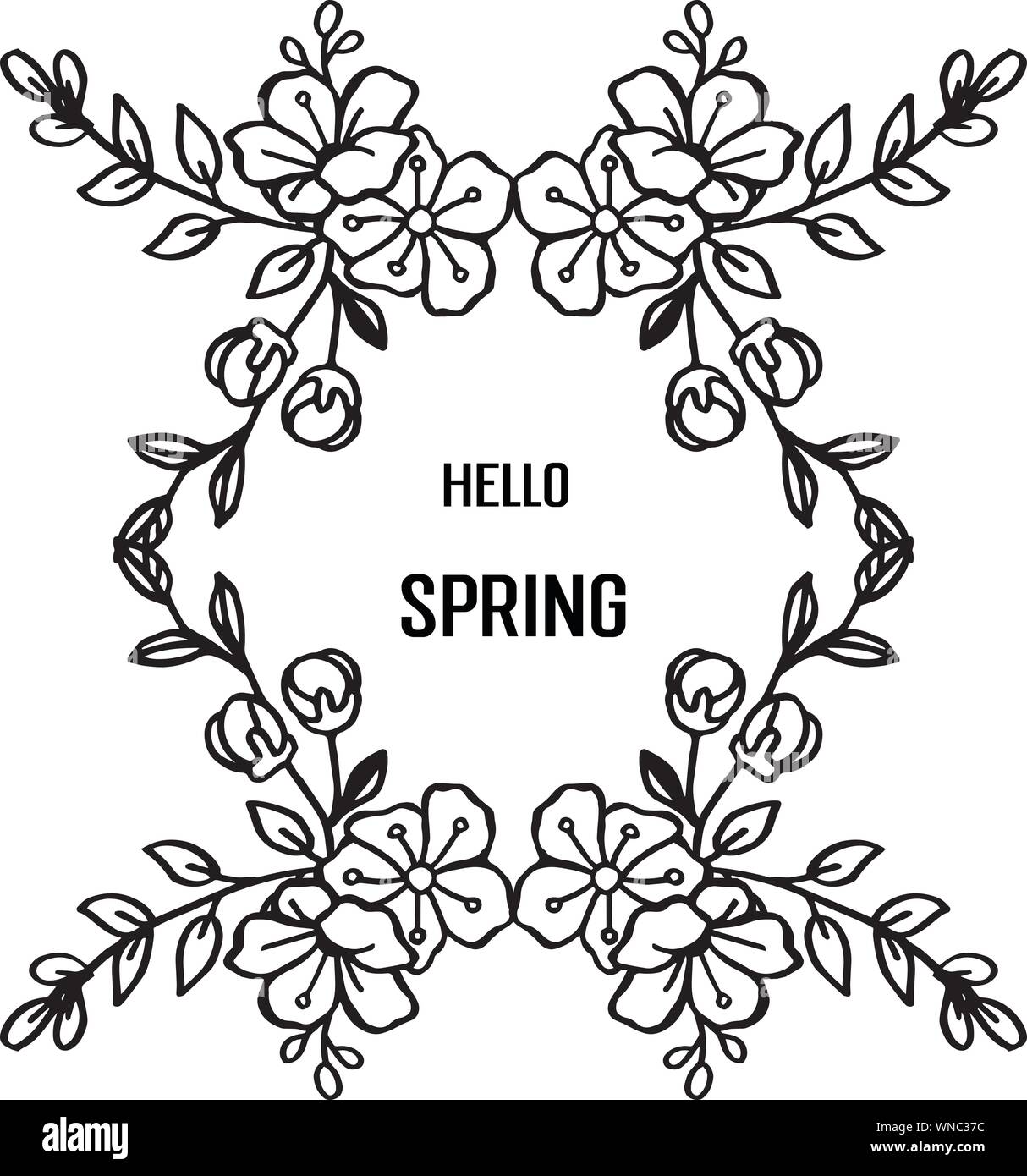 Hello spring greeting card in various shape frame with leaf floral black and white. Vector Stock