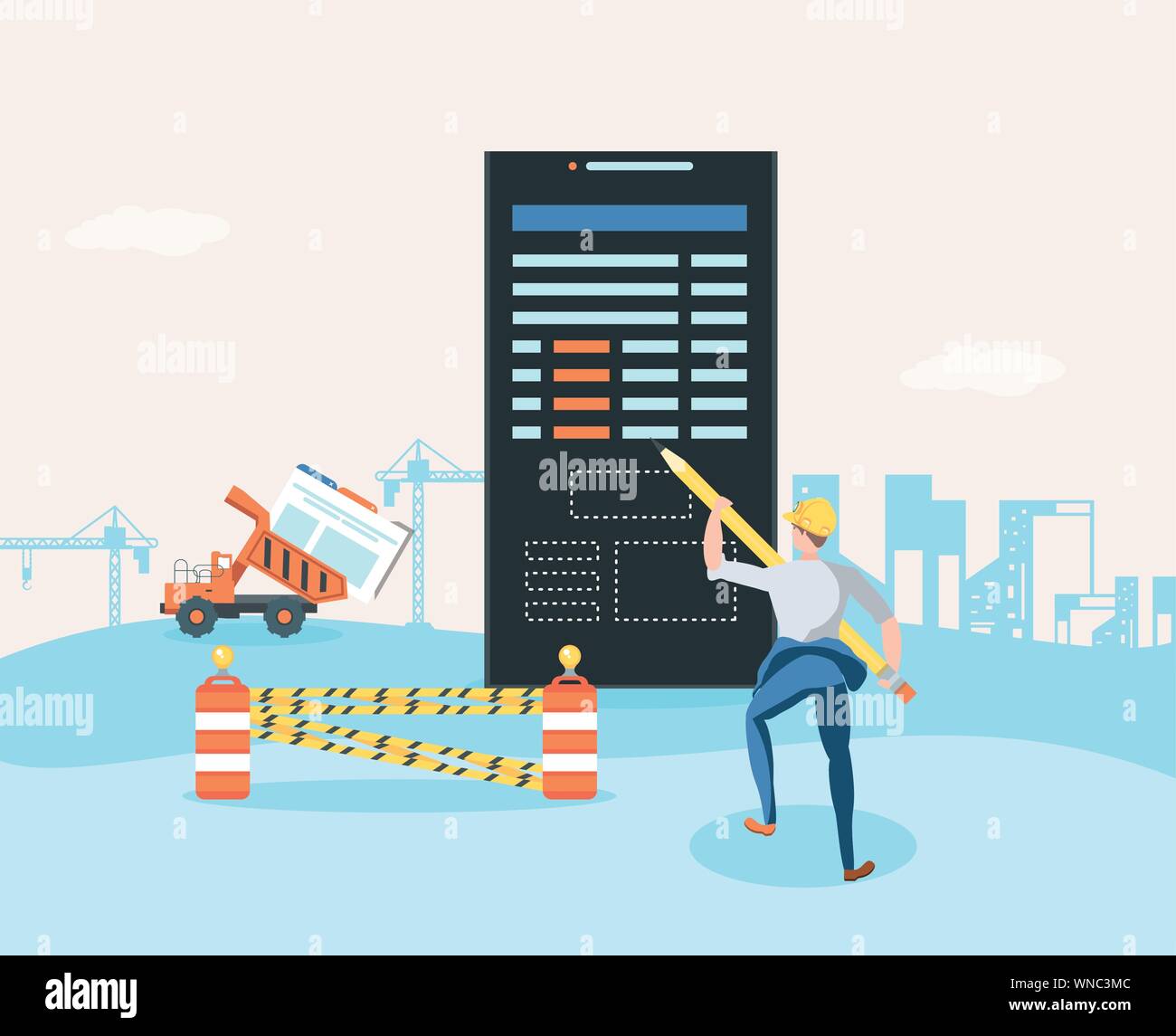 builders and smartphone with webpage under cosntruction vector illustration design Stock Vector