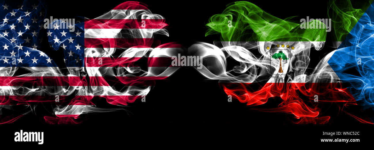 United States of America, USA vs Equatorial Guinea background abstract concept peace smokes flags. Stock Photo
