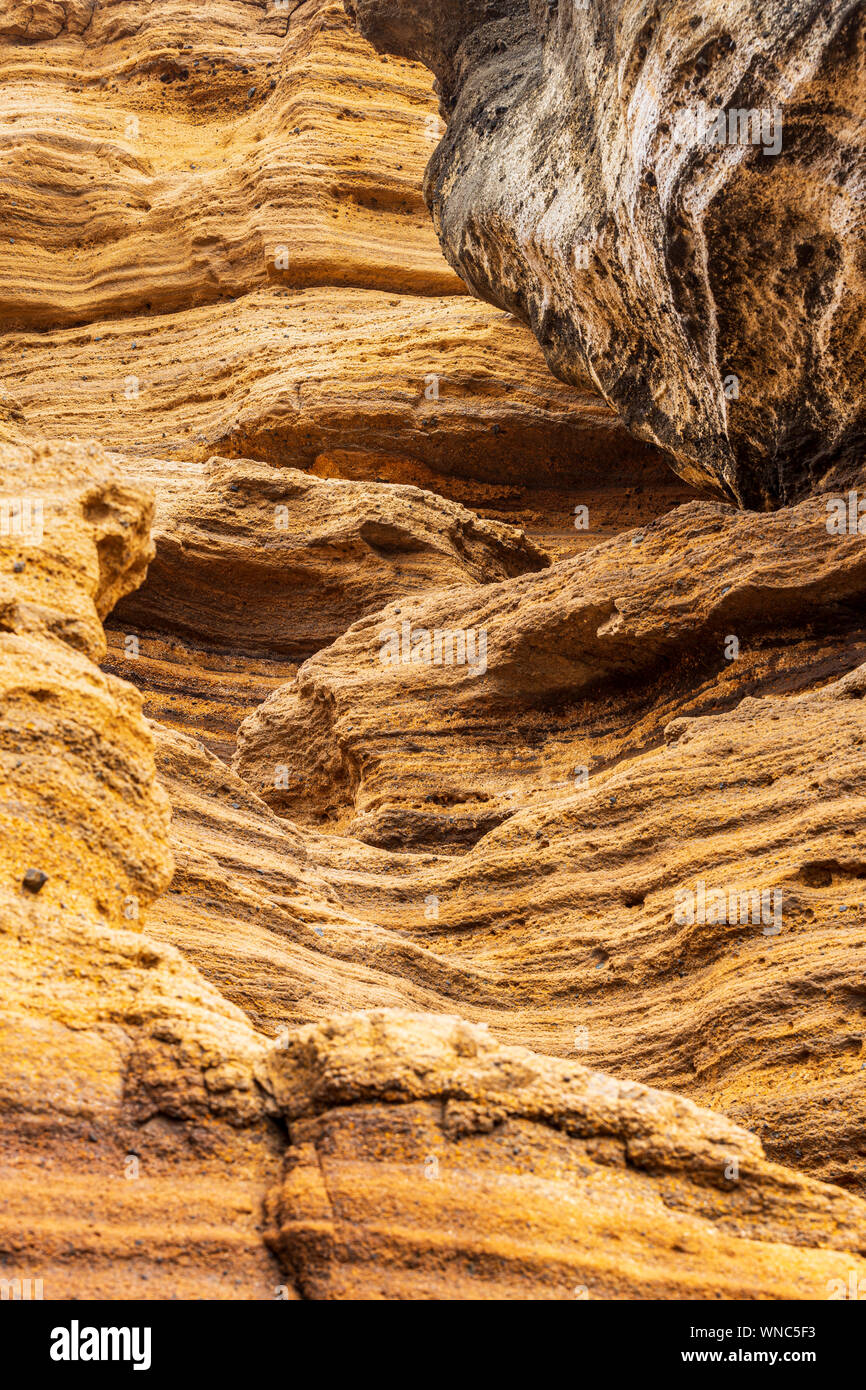 Rock strata on Montana Amarilla, Costa Silencio, early morning, Tenerife, Canary Islands, Spain Stock Photo