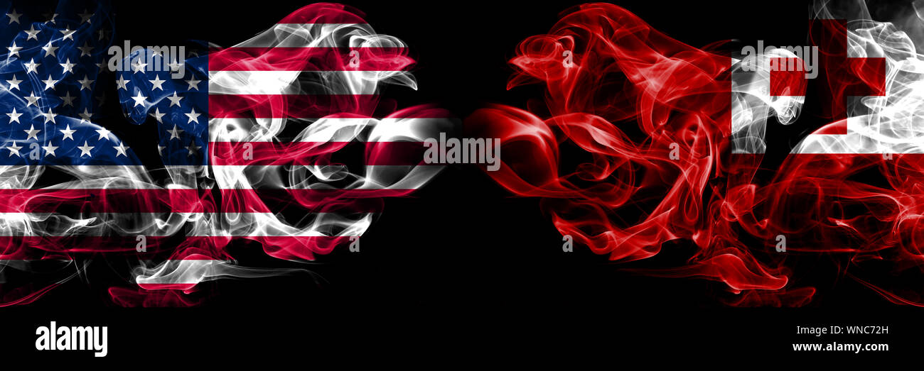 United States of America, USA vs Tonga, Tongan background abstract concept peace smokes flags. Stock Photo