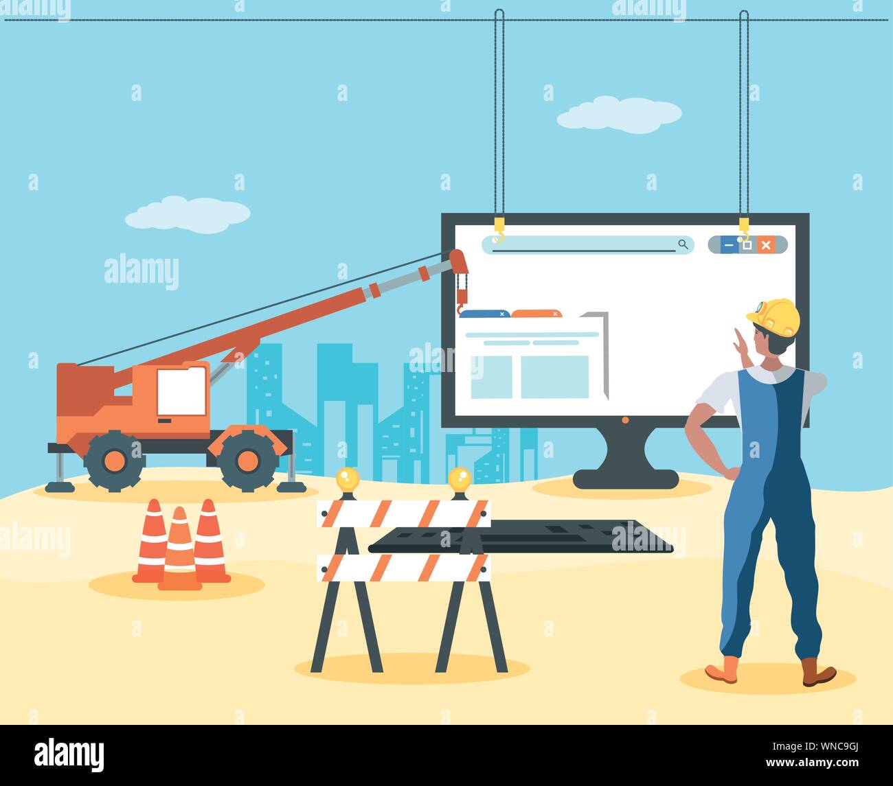 builders and desktop with webpage under cosntruction vector illustration design Stock Vector