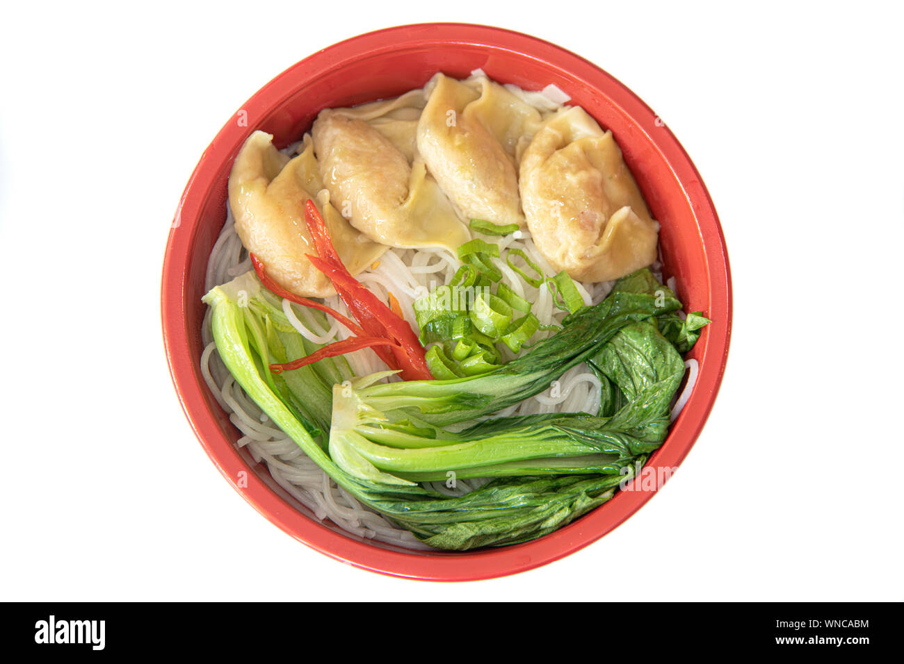 Clear soup noodle with Wantan dumplings and Chinese cabbage Stock Photo
