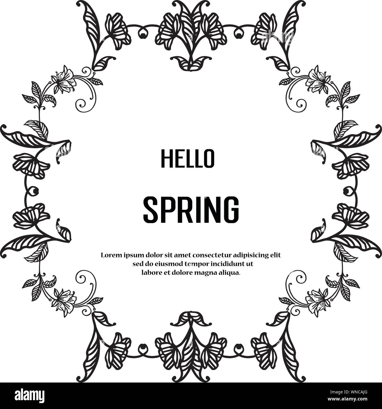 Hello spring greeting card design with flower frame hand drawn. Vector ...