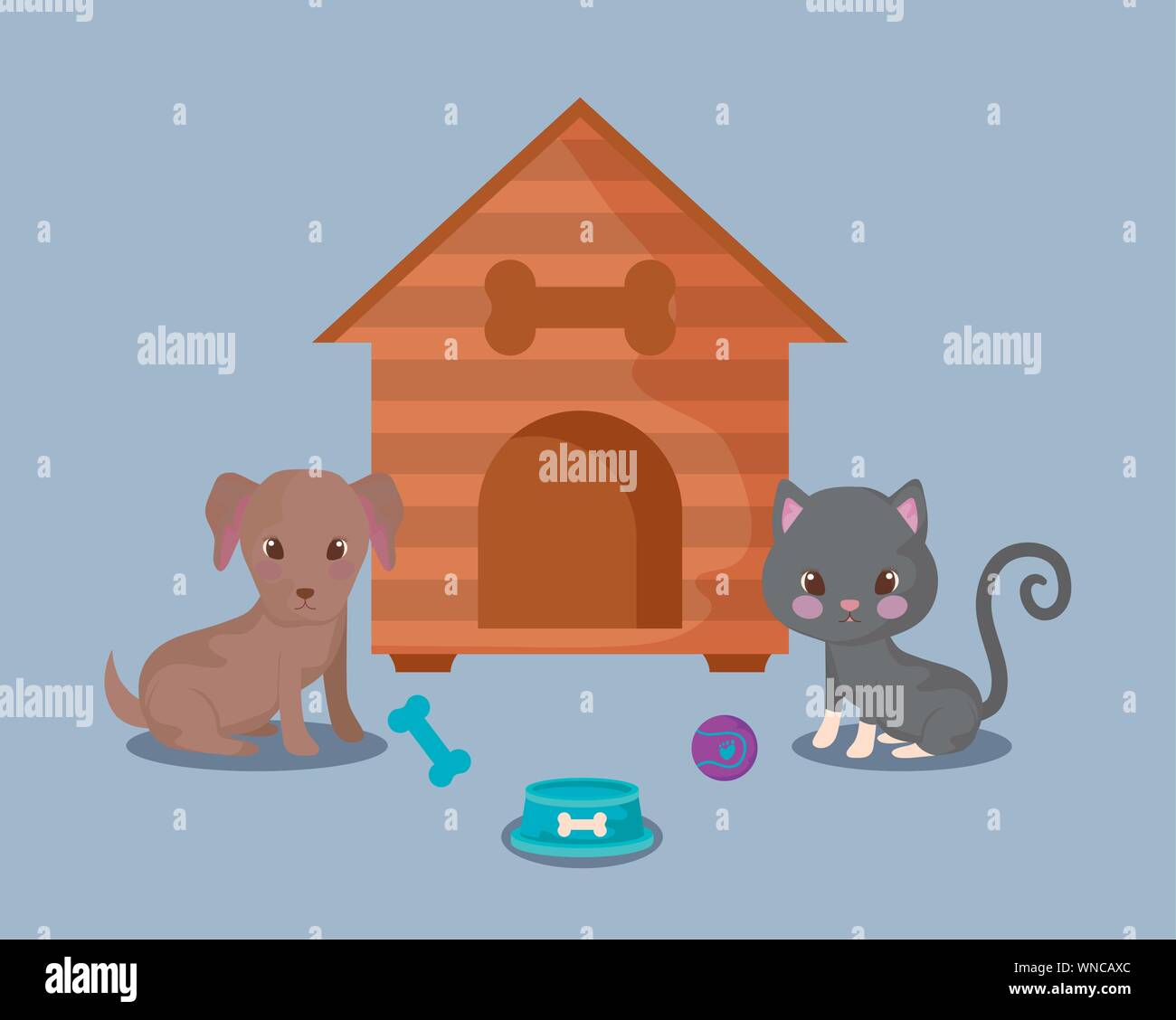 cute puppy dog with cat animals baby and house vector illustration ...
