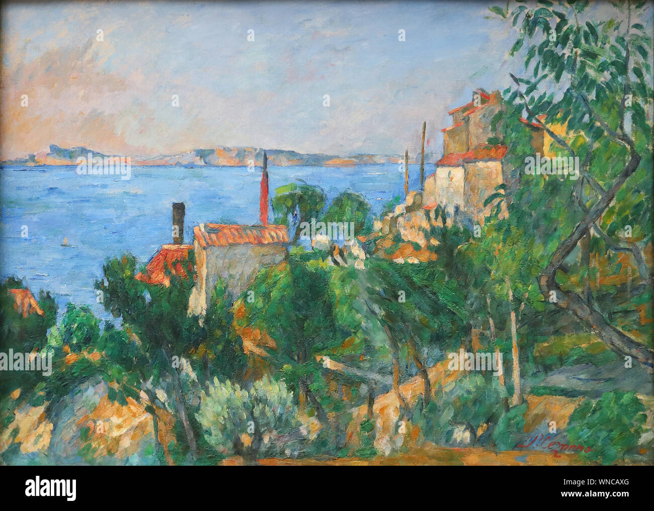 The Sea at L'Estaque by French Impressionist painter Paul Cezanne at the National Gallery, Trafalgar Square, London, UK Stock Photo