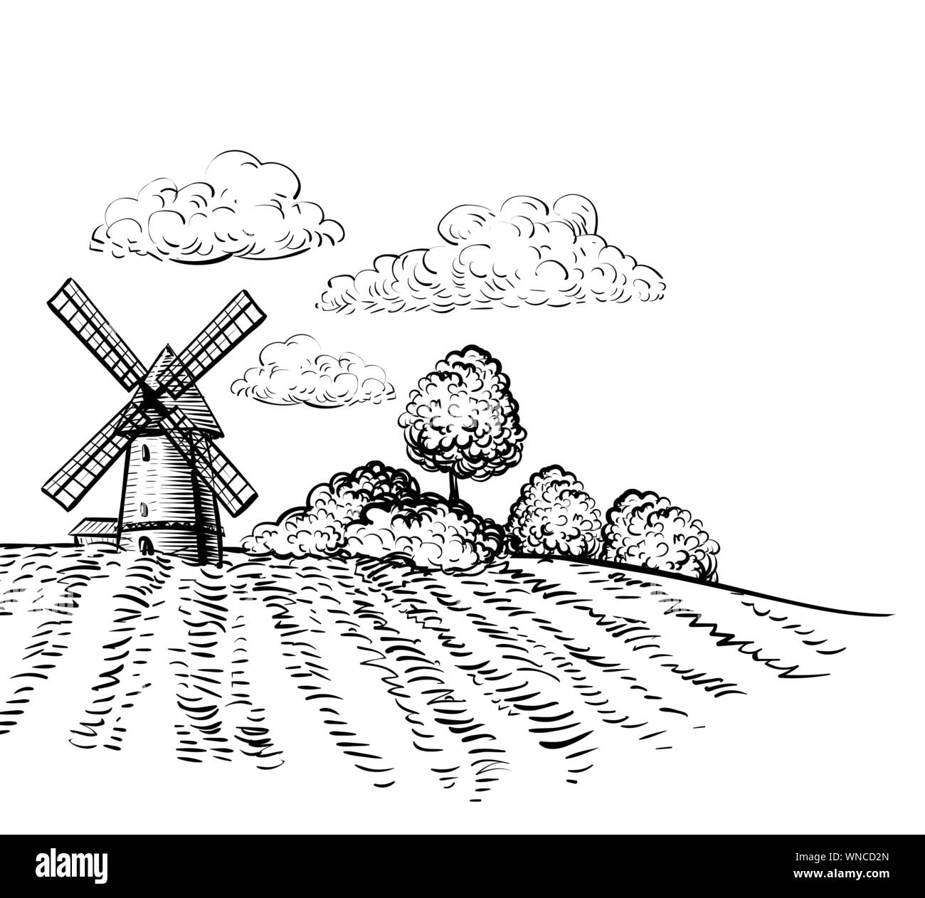 Windmill on agricultural field on background trees and rural landscape hand drawn sketch style illustration. Black and white rural farm landscape vector image Stock Vector