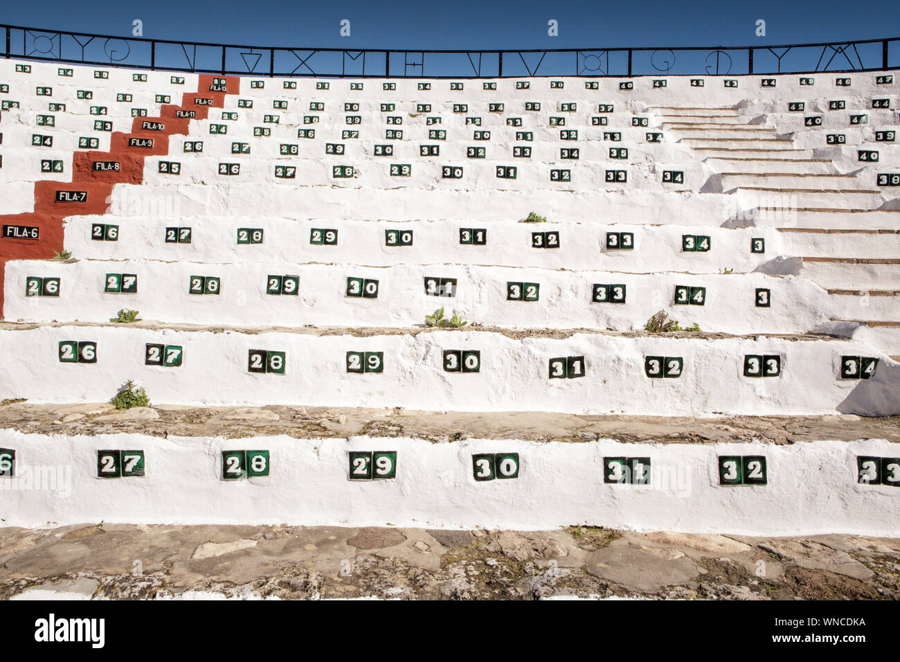 close up detail shots of seats inside the bull ring in mijas in spain Stock Photo