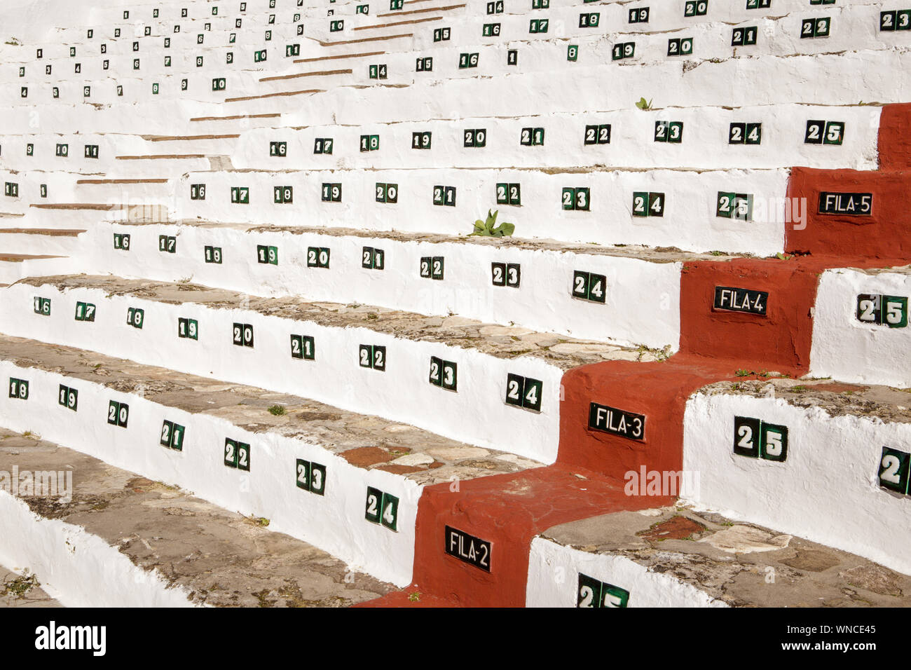 close up detail shots of seats inside the bull ring in mijas in spain Stock Photo