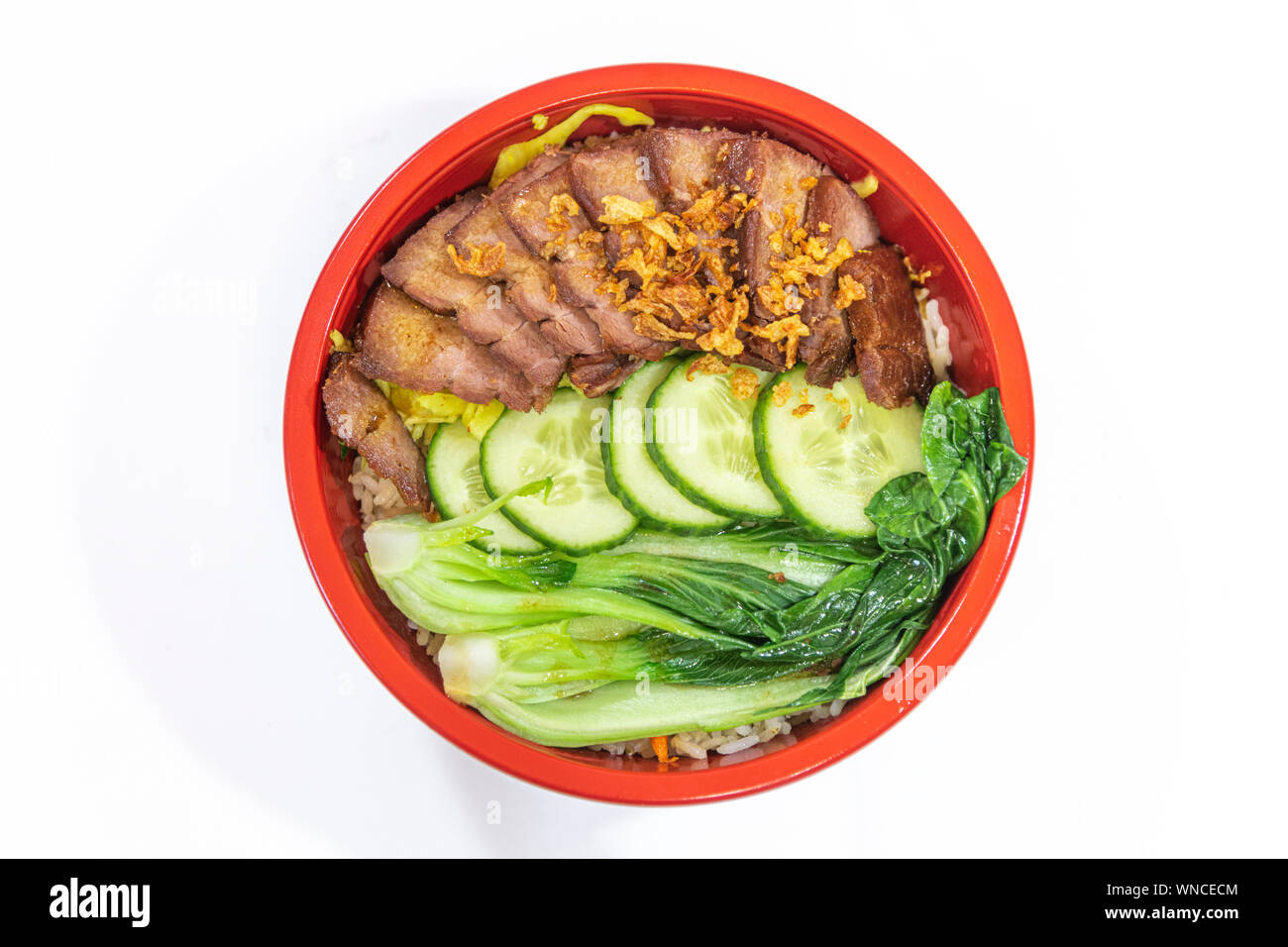 Baked pork belly service with Chinese cabbage and fried rice Stock