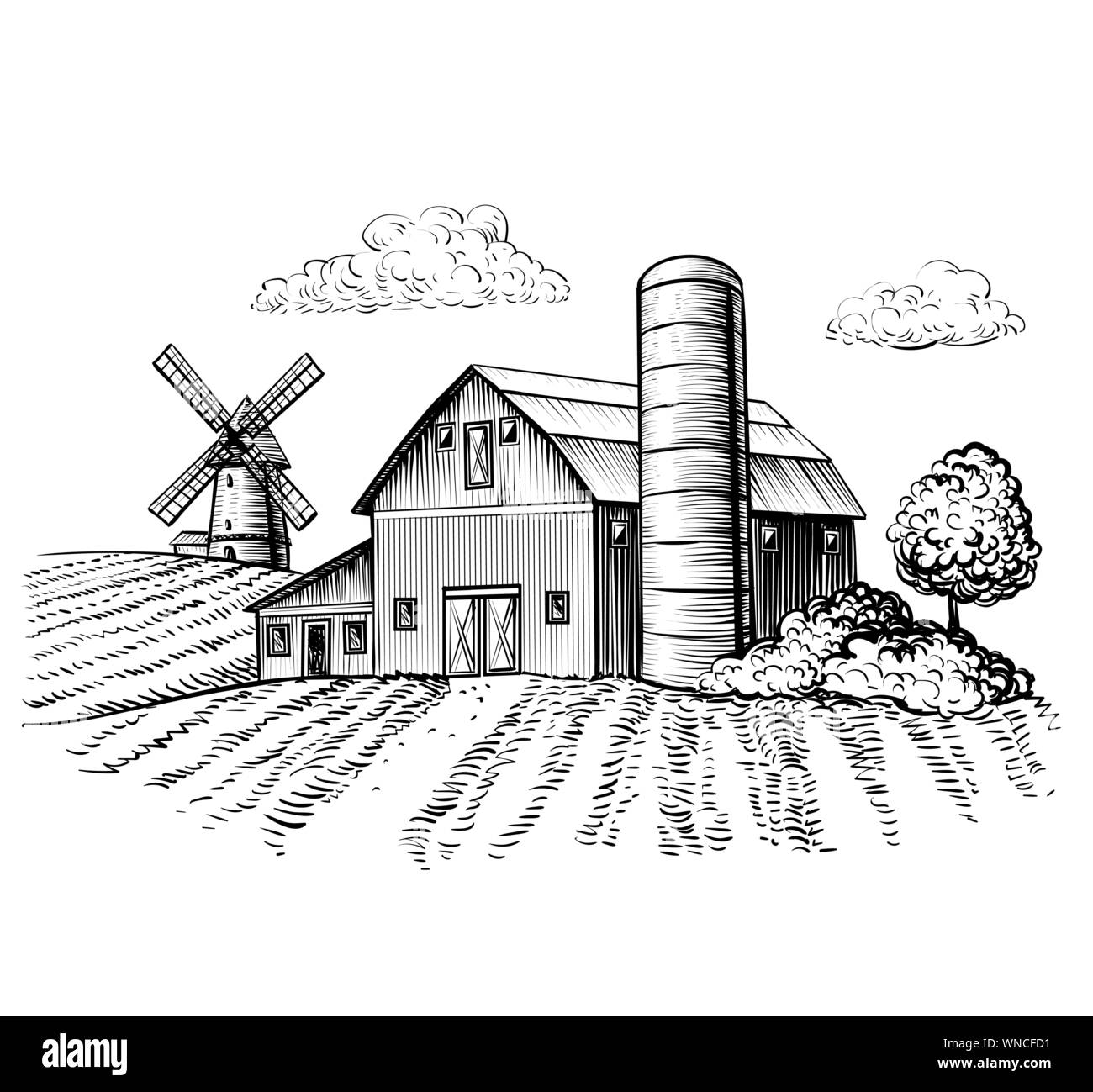 Rural landscape, farm barn and windmill sketch. Hand draw illustration of countryside natural scenic. Agricultural farmhouse and field. Vector monochrome outline image Stock Vector