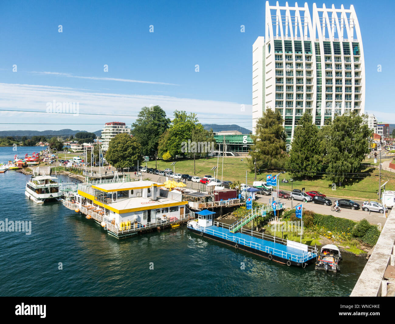 VALDIVIA, CHILE - JANUARY 12, 2018: Waterfront of Valdivia in Southern Chile. Waterfront of Valdivia along the Calle-Calle River in the Lake District Stock Photo
