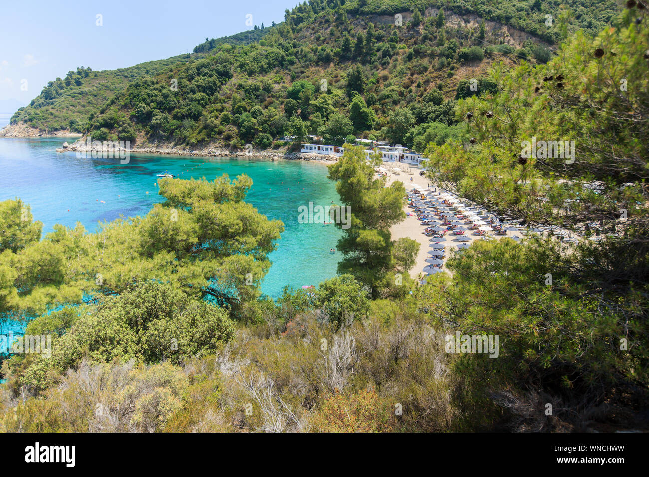 Wonderful view on Dream beach, Akti Oneirou, and luxury camp on sand beach  ,environment of unique natural beauty. Sithonia, Greece Stock Photo - Alamy