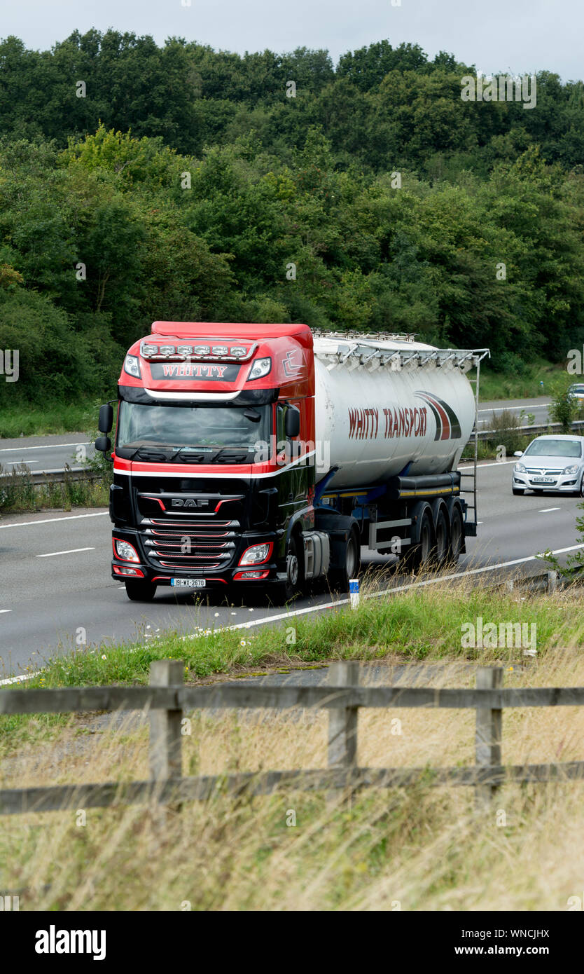 A Whitty Transport DAF tanker lorry on the M40 motorway, Warwickshire, England, UK Stock Photo