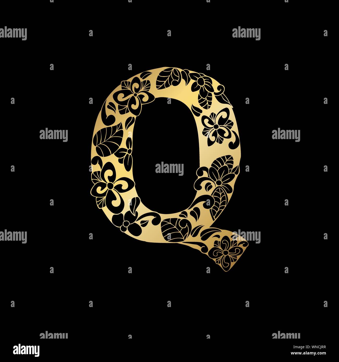 Golden Floral Ornamental Alphabet, Initial Letter Q Font. Vector Typography Symbol for Gold Wedding and Monograms Isolated Ornament Design on Black Background Stock Vector