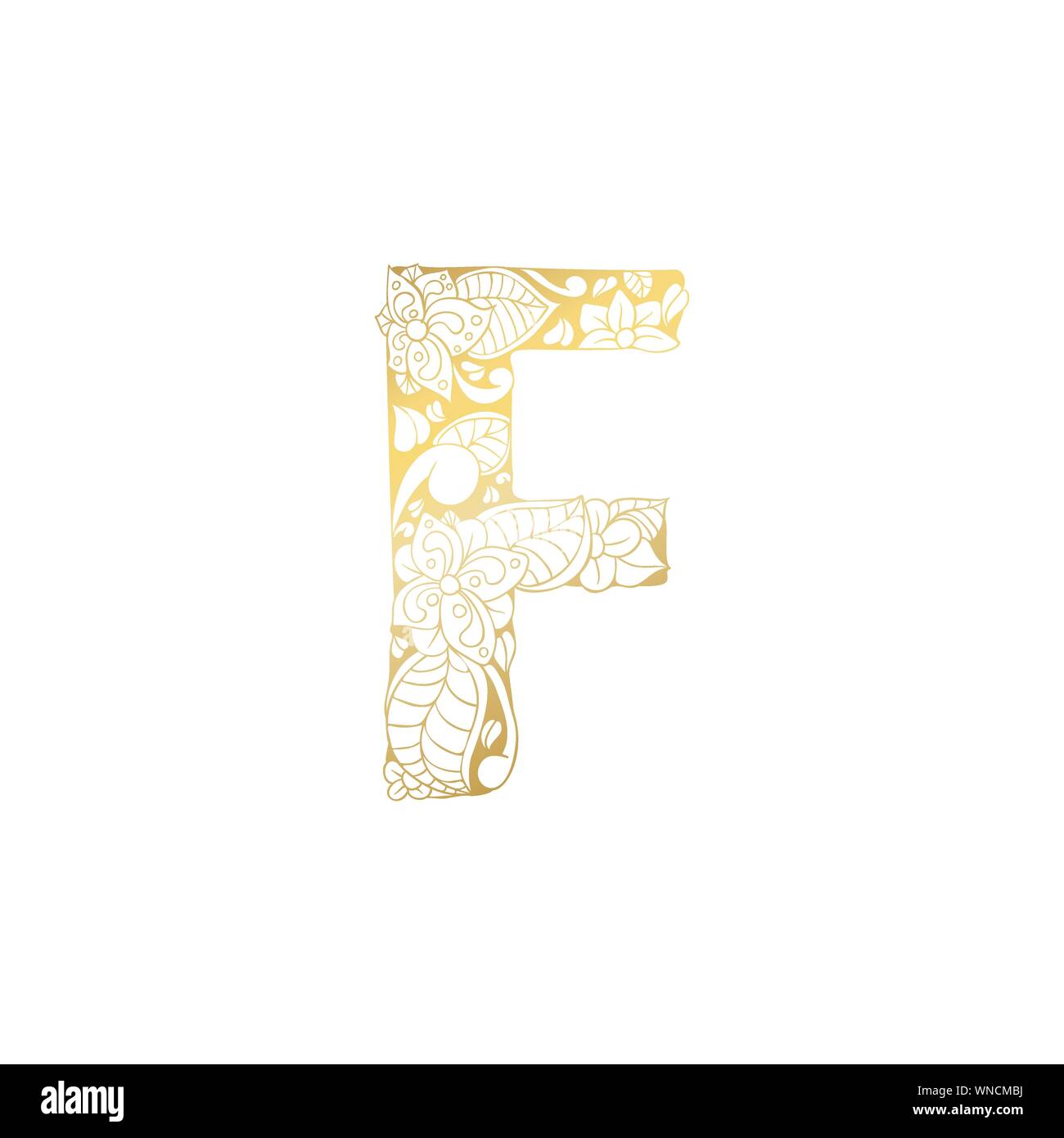 Golden Floral Ornamental Alphabet, Initial Letter F Font. Vector