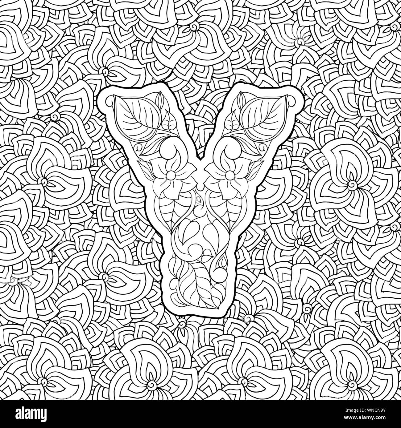 Coloring Book Floral Ornamental Alphabet, Initial Letter Y Font. Vector Typography Symbol. Antistress Page for Adults and Monograms Isolated Ornament Design on Patterned Background Stock Vector