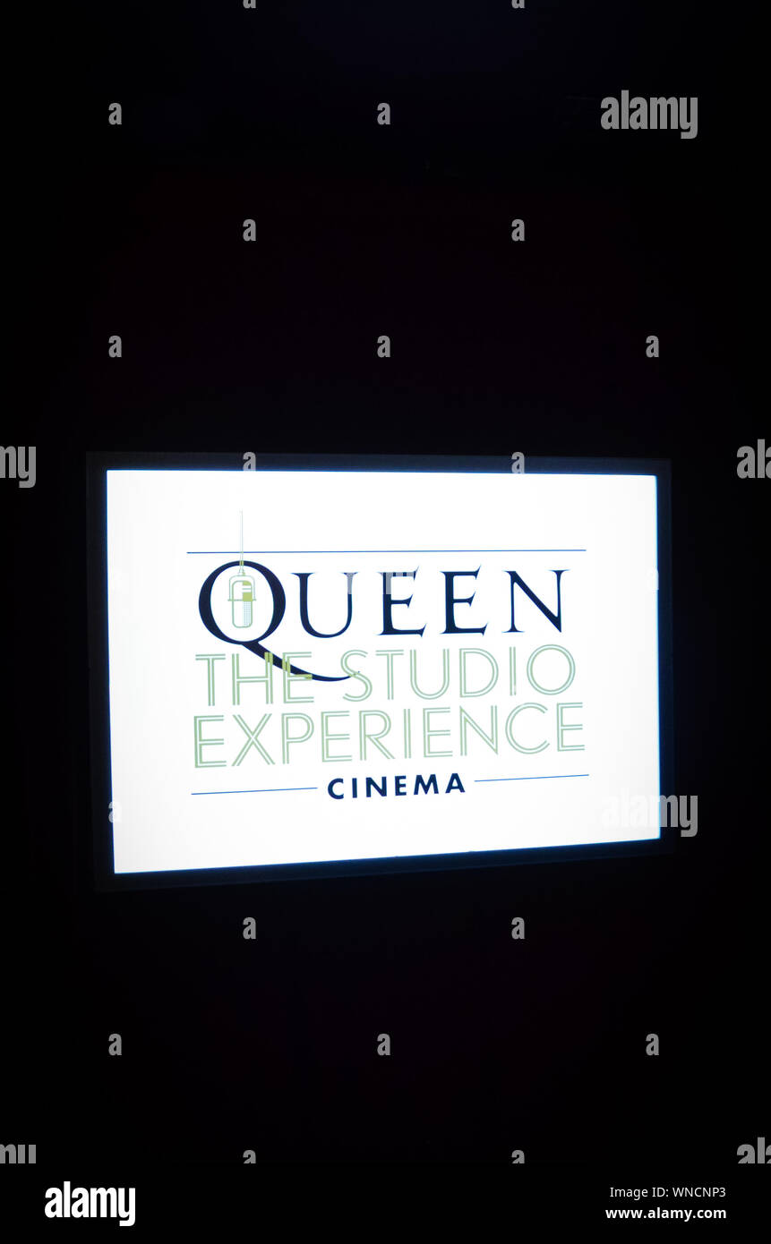 Montreux, Switzerland - July 26, 2019: Illuminating screen with sign Queen, The Studio Experience, Cinema. Taken in Montreux Casino, where the famous band recorded their albums. Public exhibition. Stock Photo