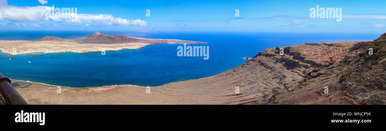 Exceptional panoramic views from the Mirador del Rio, an escarpment called Batería del Río in the north of the Canary island of Lanzarote, Spain Stock Photo