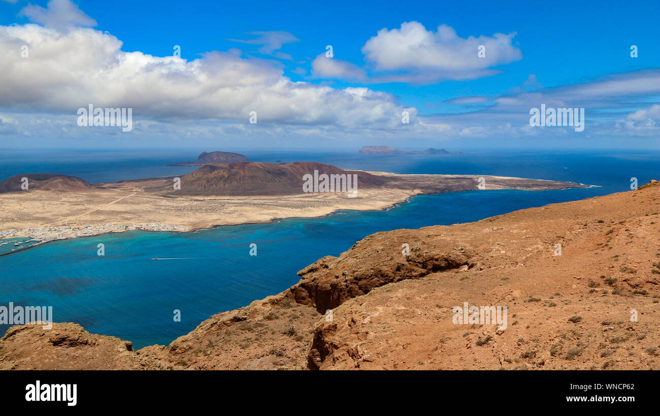 Exceptional panoramic views from the Mirador del Rio, an escarpment called Batería del Río in the north of the Canary island of Lanzarote, Spain Stock Photo