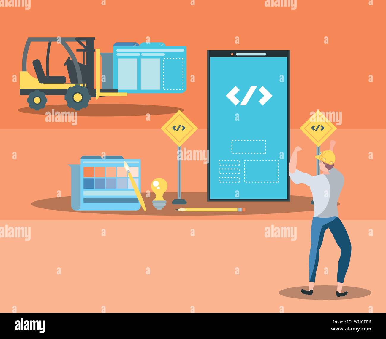 builders and smartphone with webpage under cosntruction vector illustration design Stock Vector