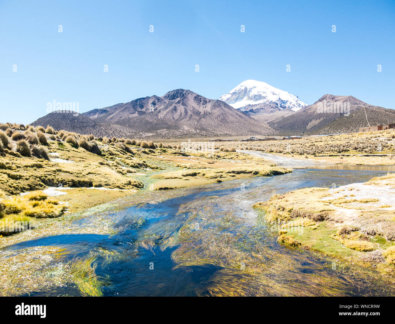 High Andean tundra landscape in the mountains of the Andes. The weather