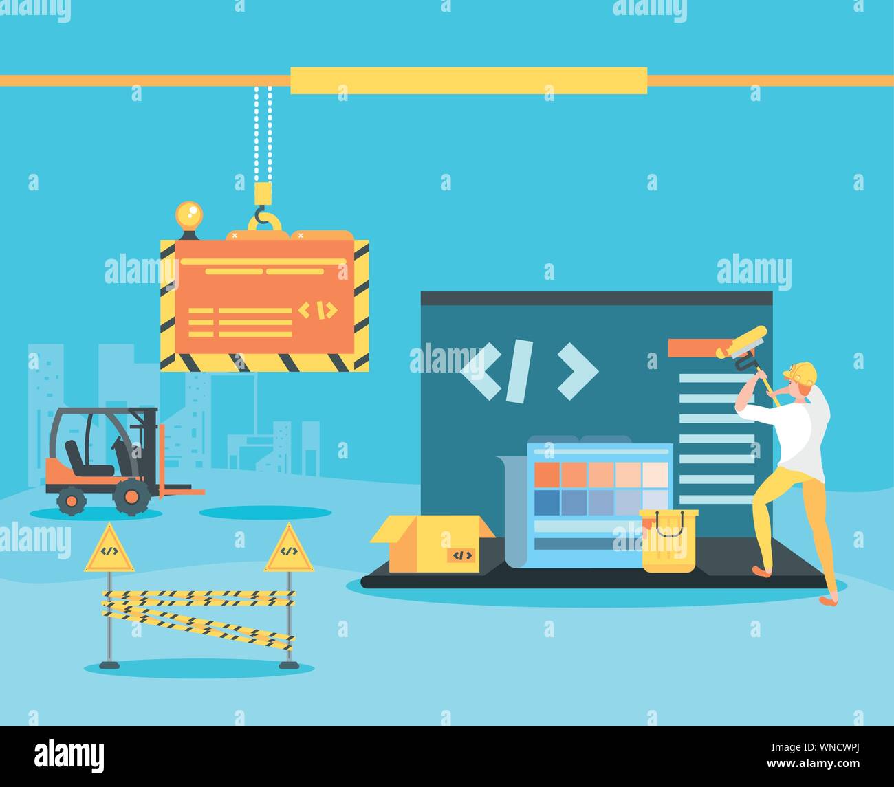 builder and laptop with webpage under cosntruction vector illustration design Stock Vector