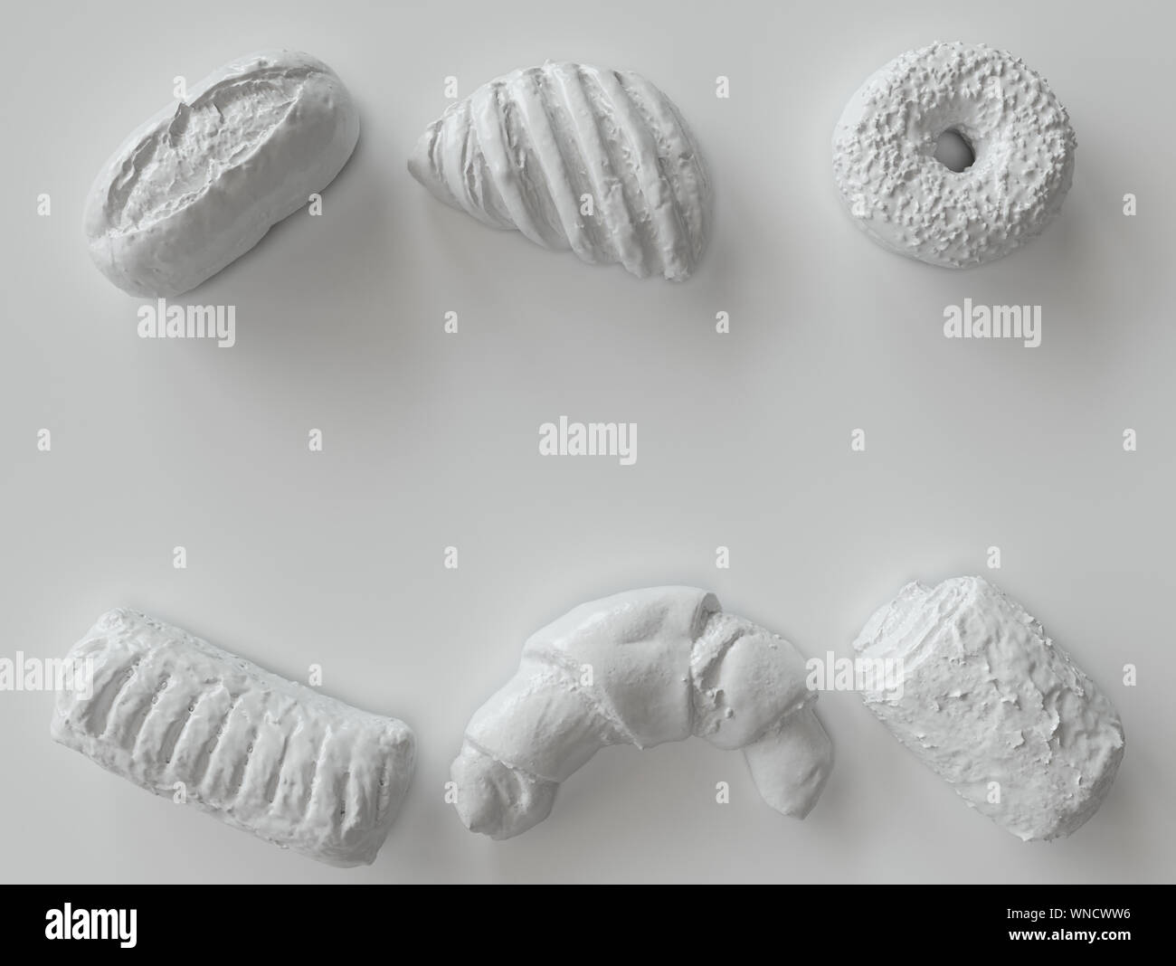 White painted pastry pieces on white background - 3D Rendering Stock Photo