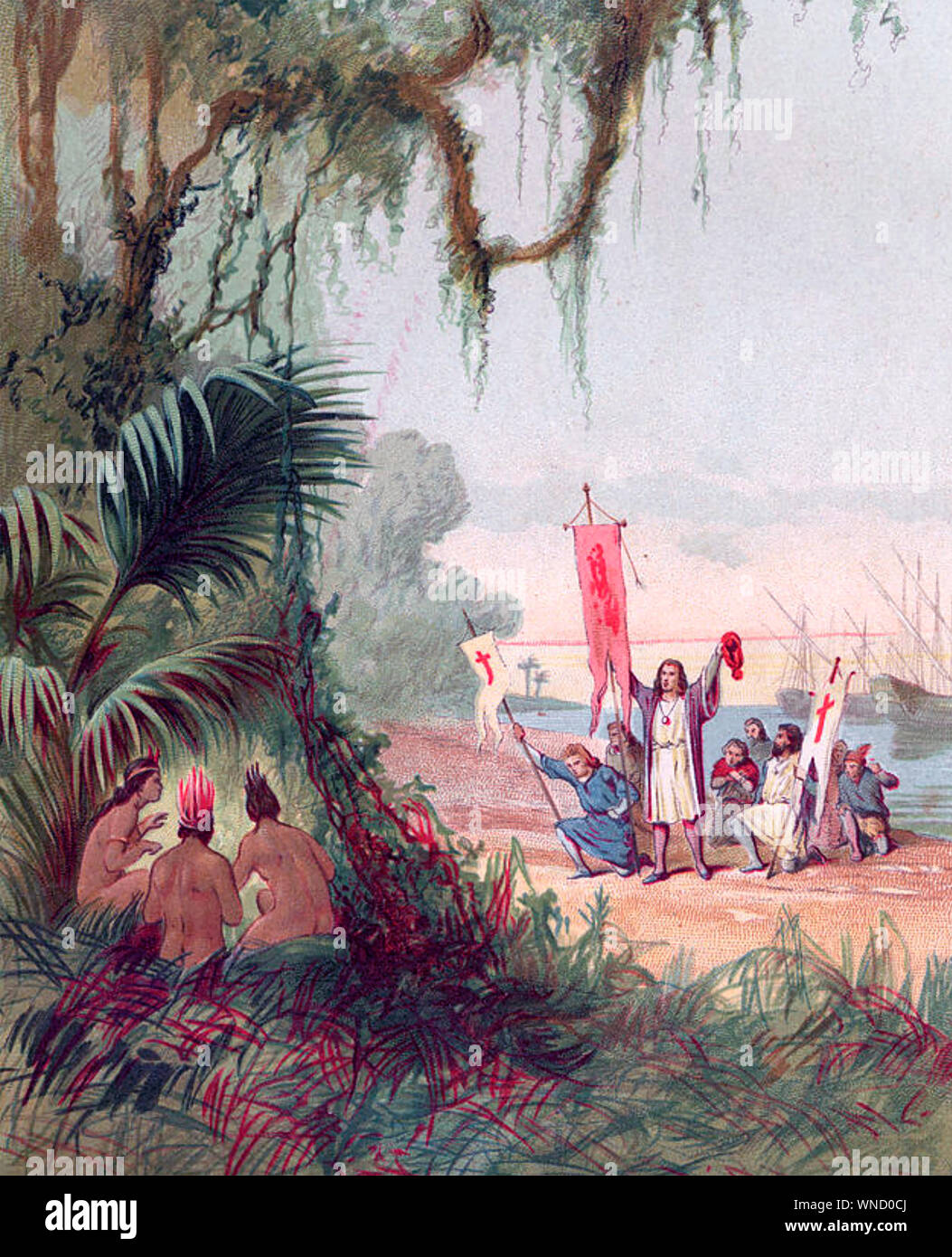 CHRISTOPHER COLUMBUS makes landfall at  Guanahani in a 19th century print Stock Photo