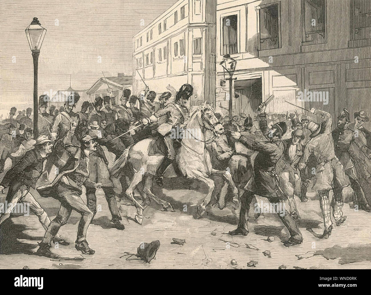 IRISH LAND LEAGUE demonstration in Limerick on 17 October 1881  is broken up by soldiers and  police Stock Photo