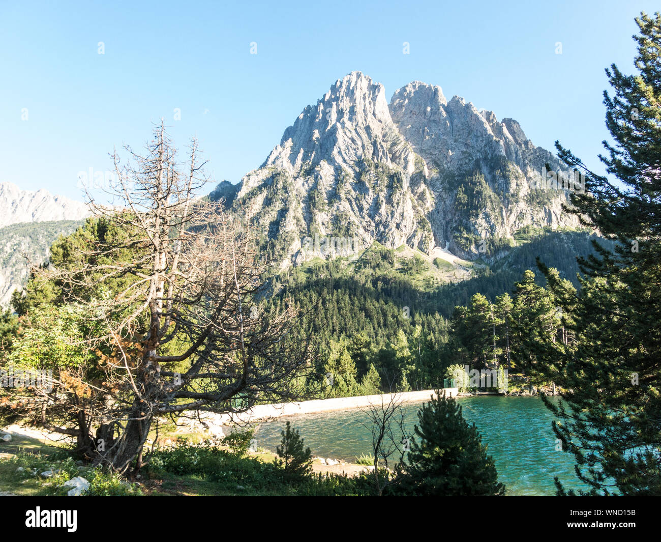 Pond of Sant Maurici, in the Aiguestortes and Sant Maurici National Park. The peak Amitges on background. Lleida, Catalonia, Spain, Europa Stock Photo