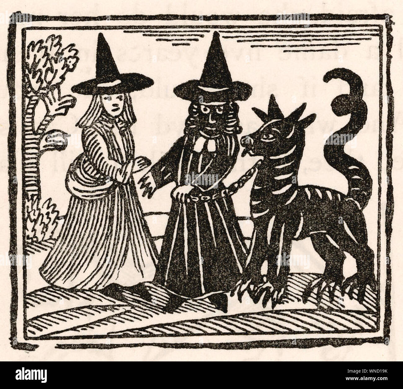 WITCHES WITH THEIR BLACK DOG FAMILIAR in a 17th century woodcut. The black colouring is intended to show that both had become inhabited by the Devil, Stock Photo