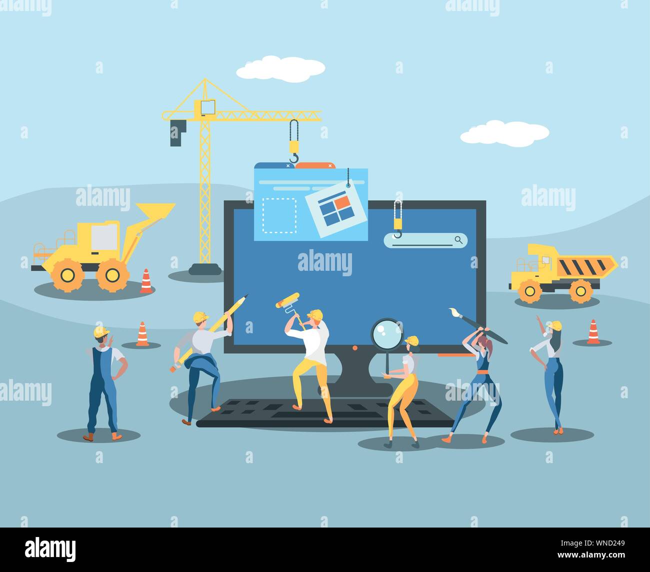 builders and desktop with webpage under cosntruction vector illustration design Stock Vector