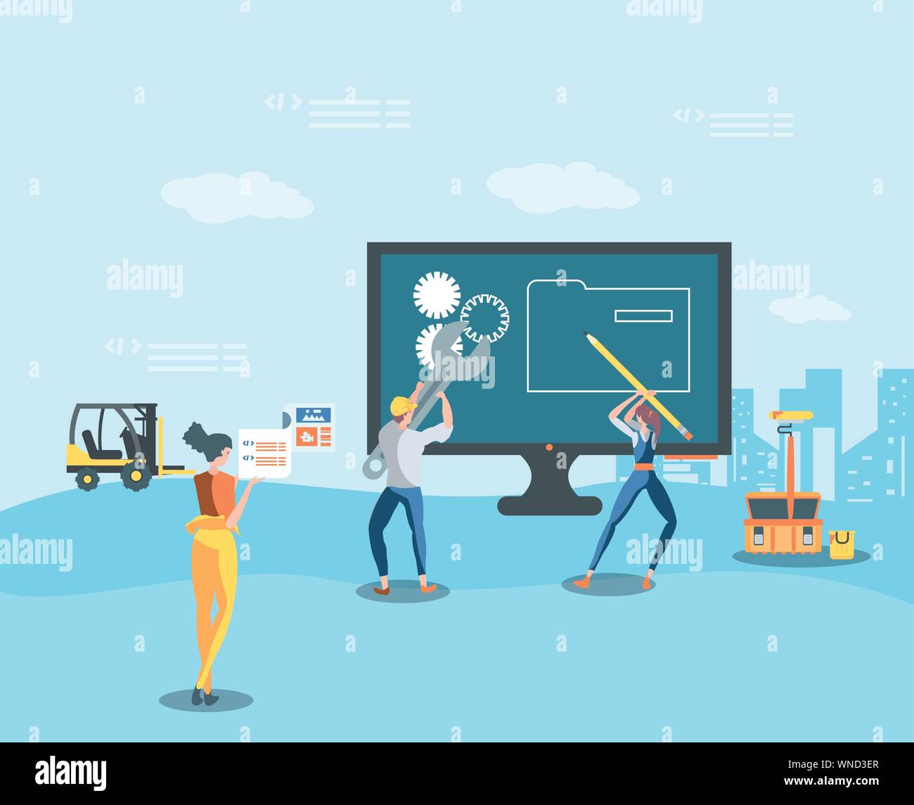 builders and desktop with webpage under cosntruction vector illustration design Stock Vector