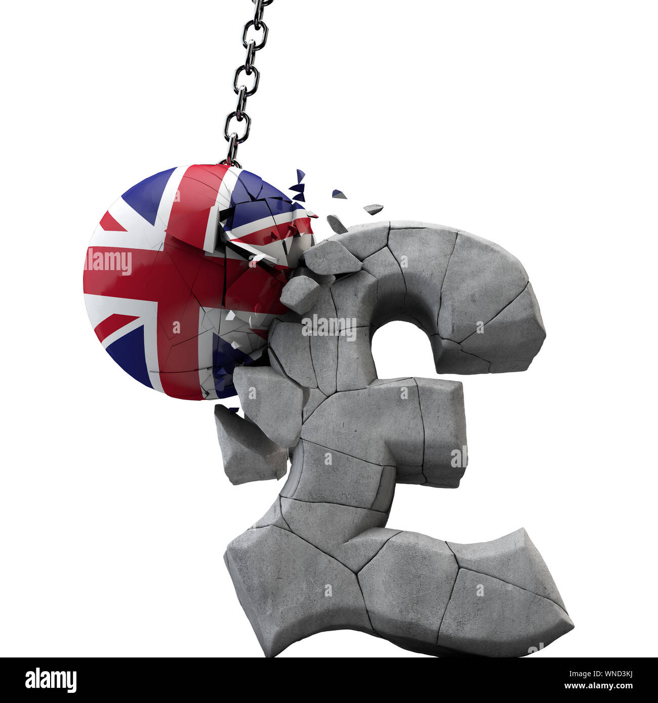 UK ball smashing a pound sterling symbol. UK economy. 3D Render Stock Photo