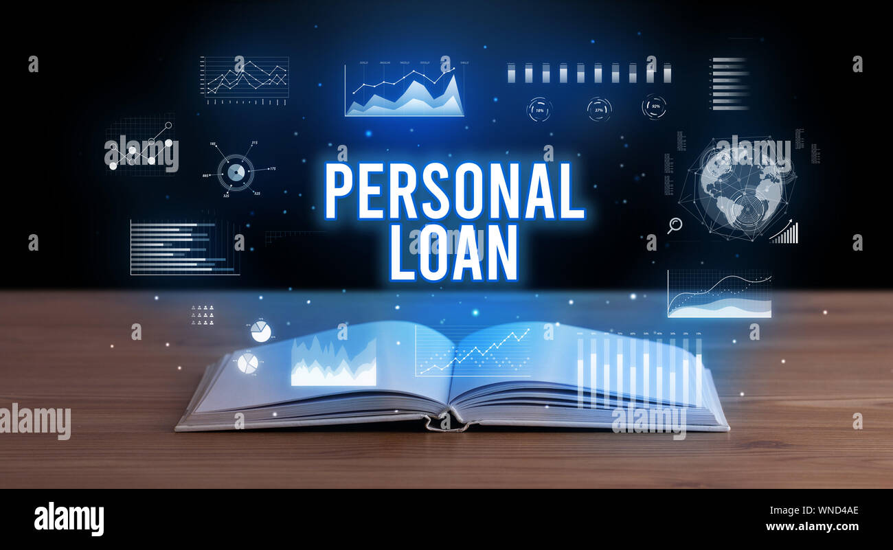 PERSONAL LOAN inscription coming out from an open book, creative