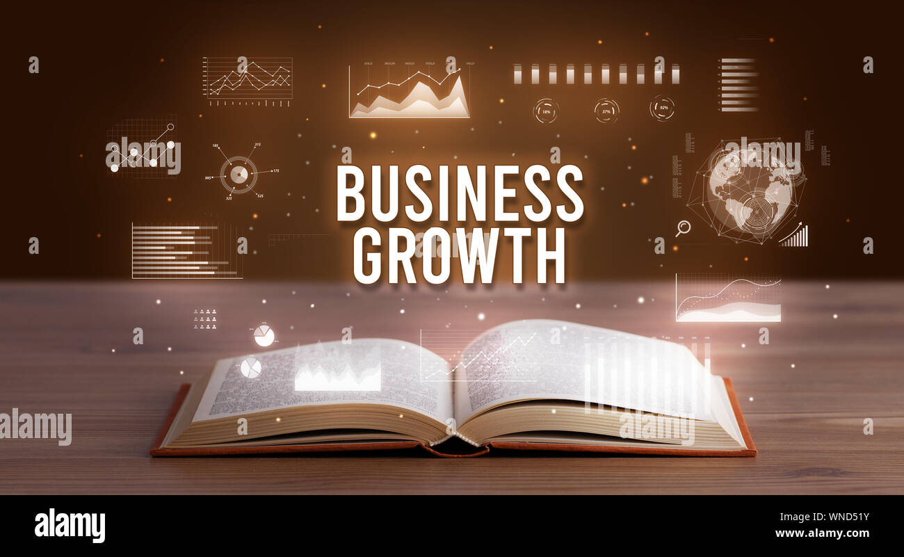 BUSINESS GROWTH inscription coming out from an open book, creative ...