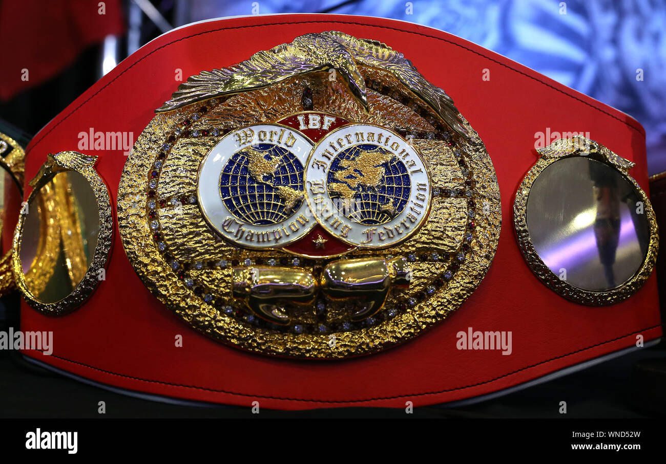 A general view of the IBF World Champion belt during a press conference at  The Hilton London Syon Park, London Stock Photo - Alamy