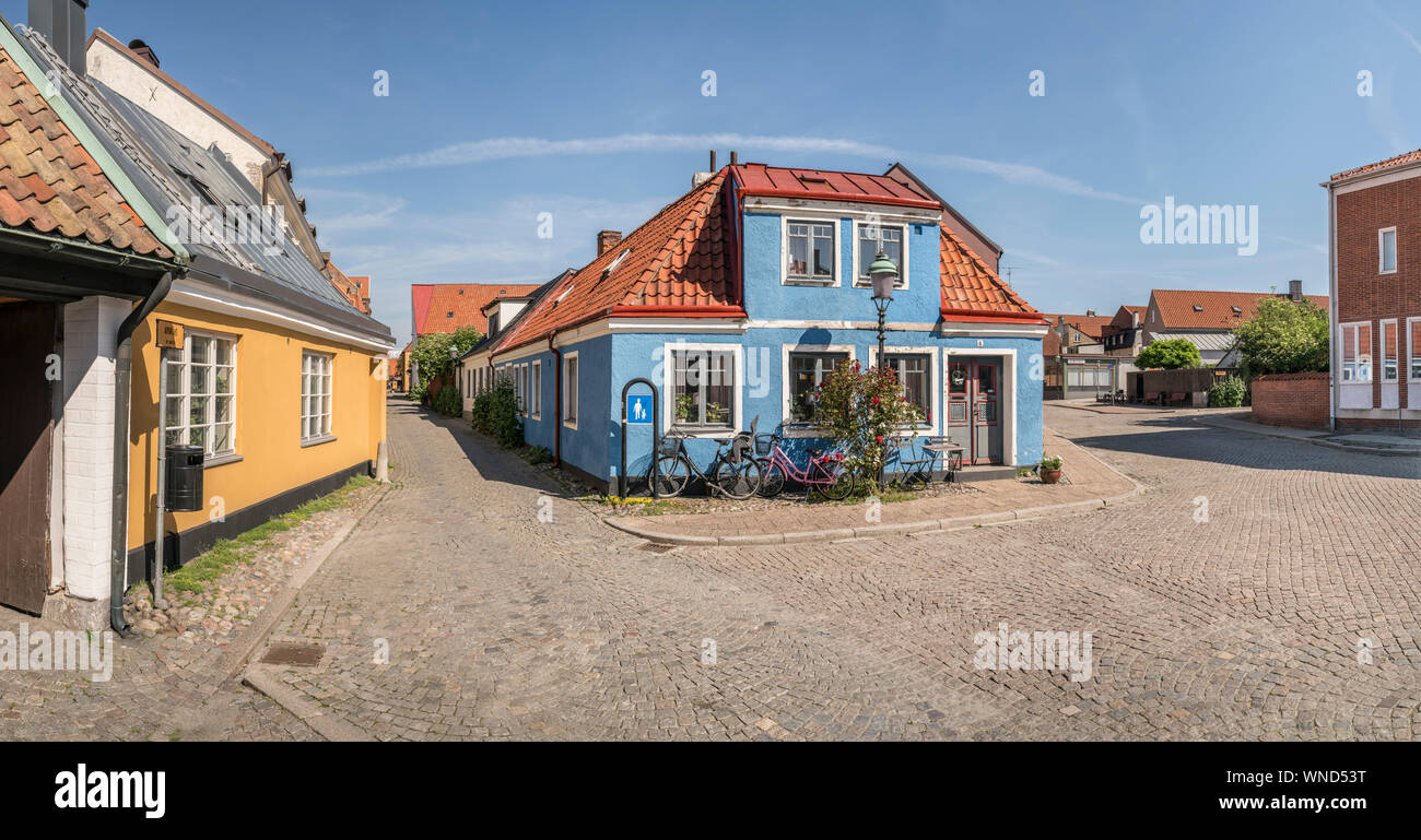 Small street with typical buildings in Ystad. Skane. Sweden. Scandinavia. Stock Photo
