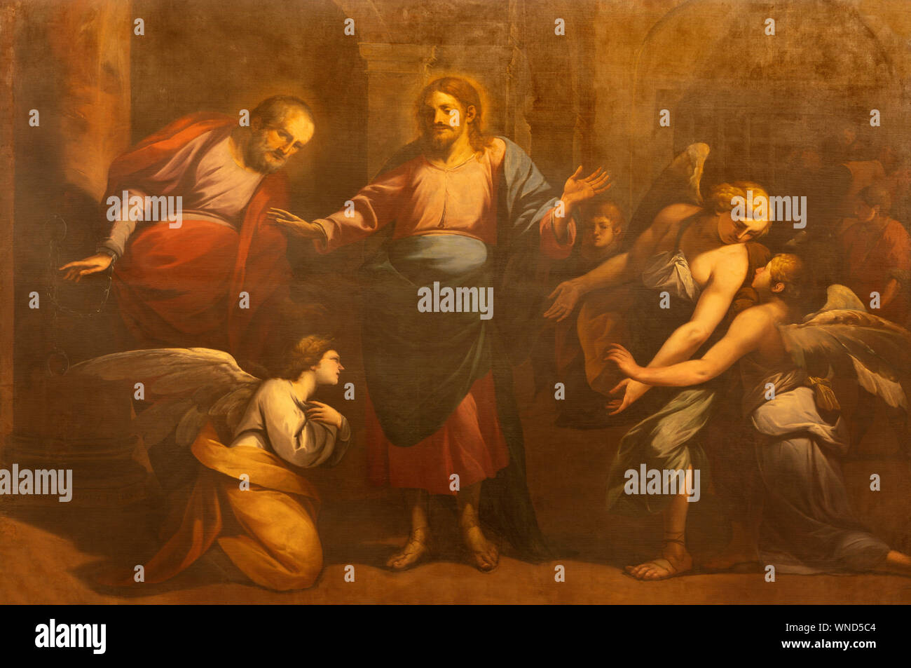 COMO, ITALY - MAY 11, 2015: The painting of Liberation Of Saint Peter from Prison in church Chiesa di San Orsola by Gian Paolo Recchi (1685). Stock Photo